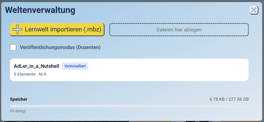 Ge&ouml;ffnetes Weltenverwaltungsmodal