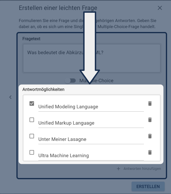 Frage erstellen: Antwortfelder Frage erstellen: Antwortfelder