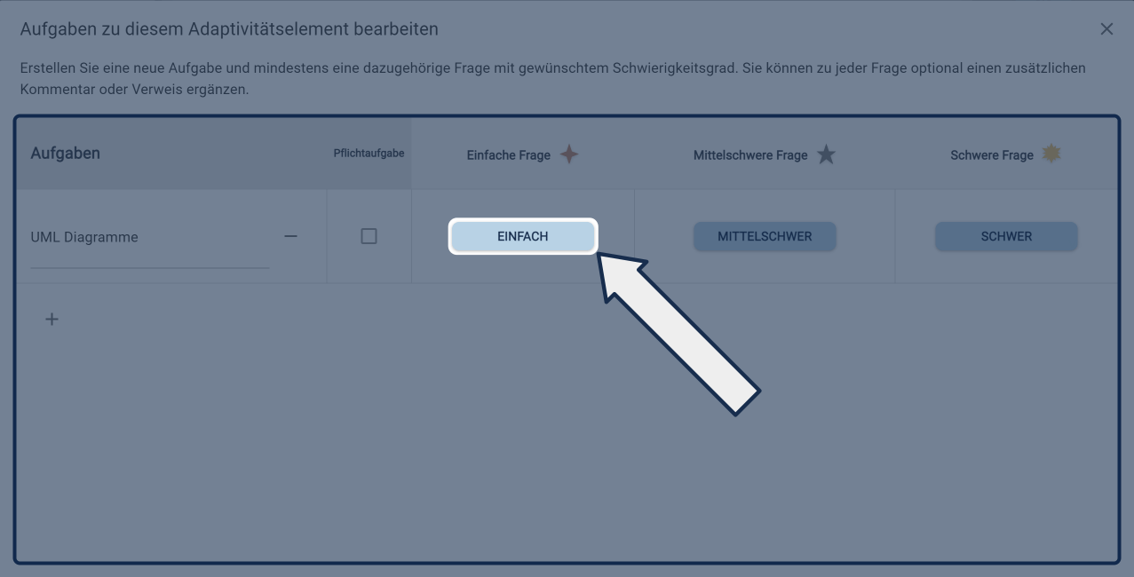 Aufgabenübersicht: Schwierigkeit Einfach Button Aufgabenübersicht: Schwierigkeit Einfach Button