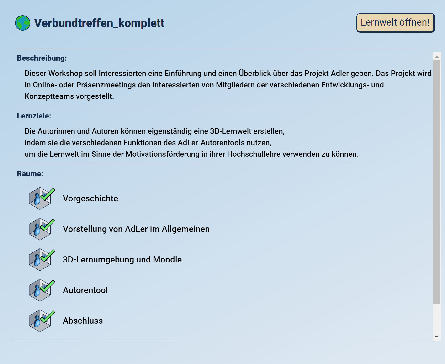 &Uuml;bersicht abgeschlossener Lernr&auml;ume
