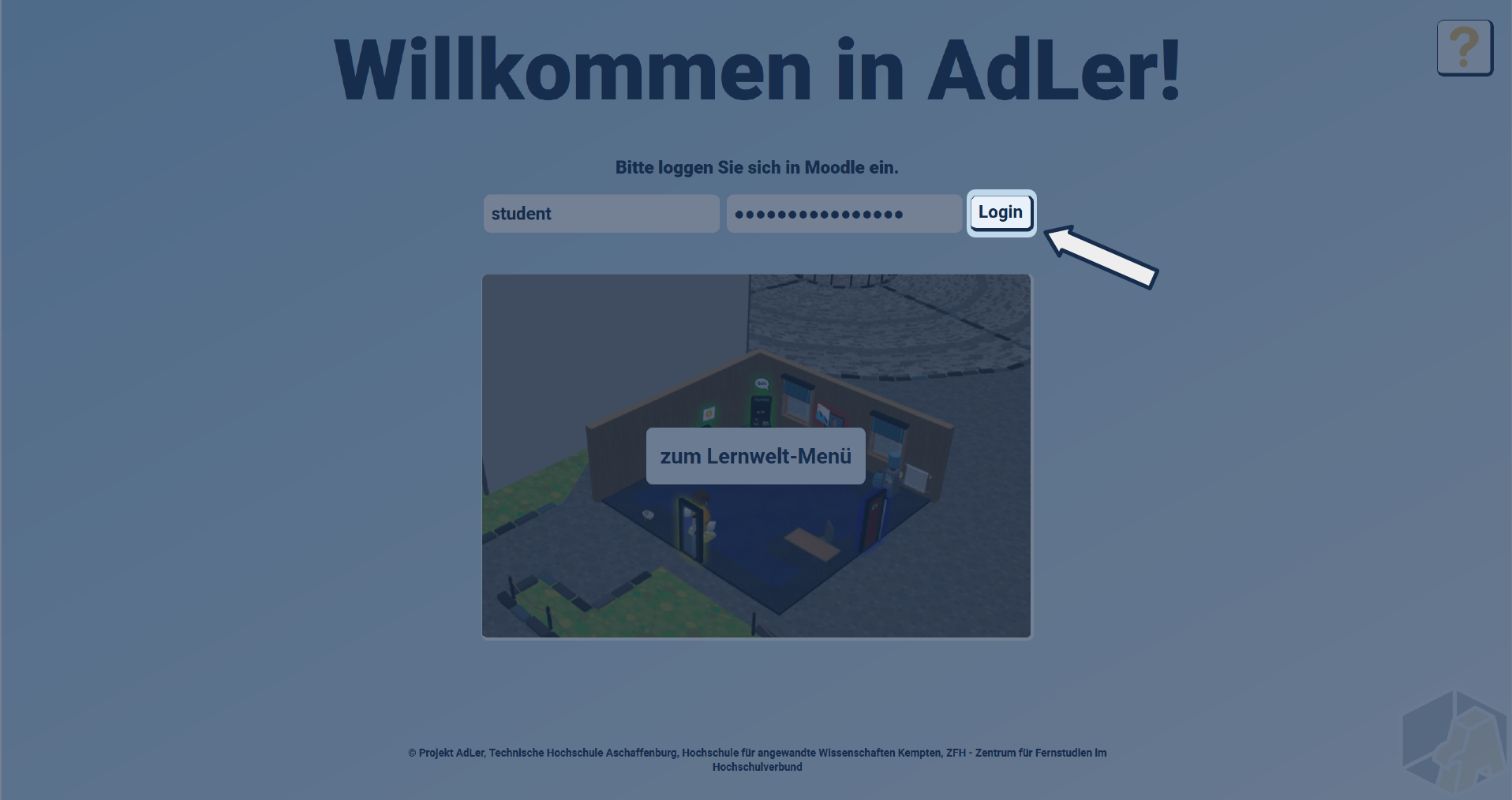 AdLer Engine login form with focus on the login button AdLer Engine login form with focus on the login button